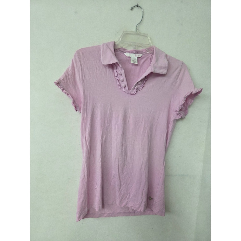 Lija Polo Shirt Womens Medium Lavender Ruffle V-Neck Lettuce Trim Short Sleeve